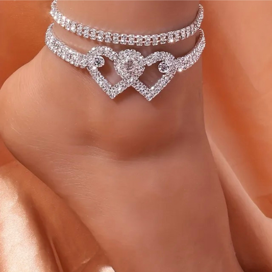 Double Heart Rhinestone Anklet